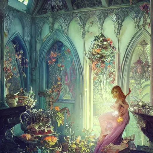 Prompt: a beautiful interior of a fairy castle, fully decorated, furnished with fairy furniture, fairy aesthetics, concept art, by greg rutkowski, alphonso mucha and elena dudina. high details, illustration, beautiful illumination