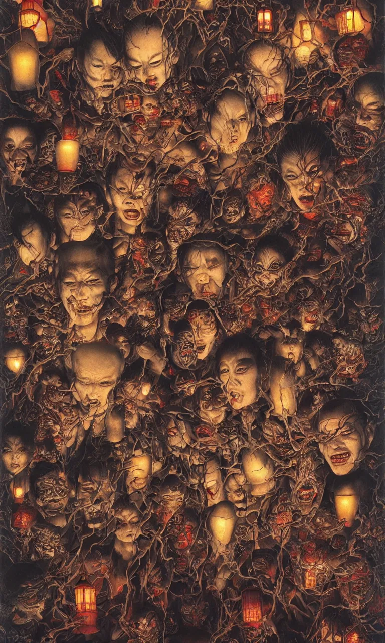 Image similar to 中 国 鬼 节, in the ghost city, evil spirits roam with lanterns, zdzislaw, ayami kojima, yamamoto, barclay shaw, karol bak, hyperrealist, 8 k