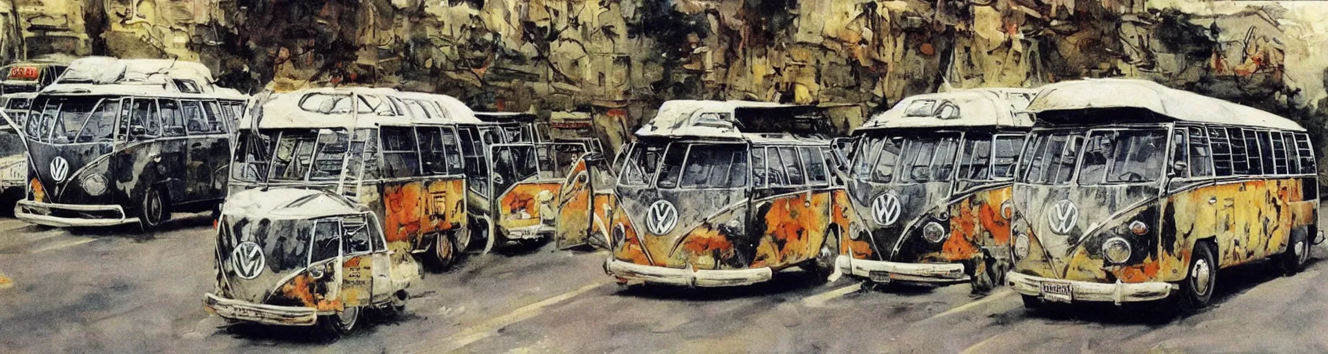 Image similar to a detailed vw buses racing in the street by frank frazetta