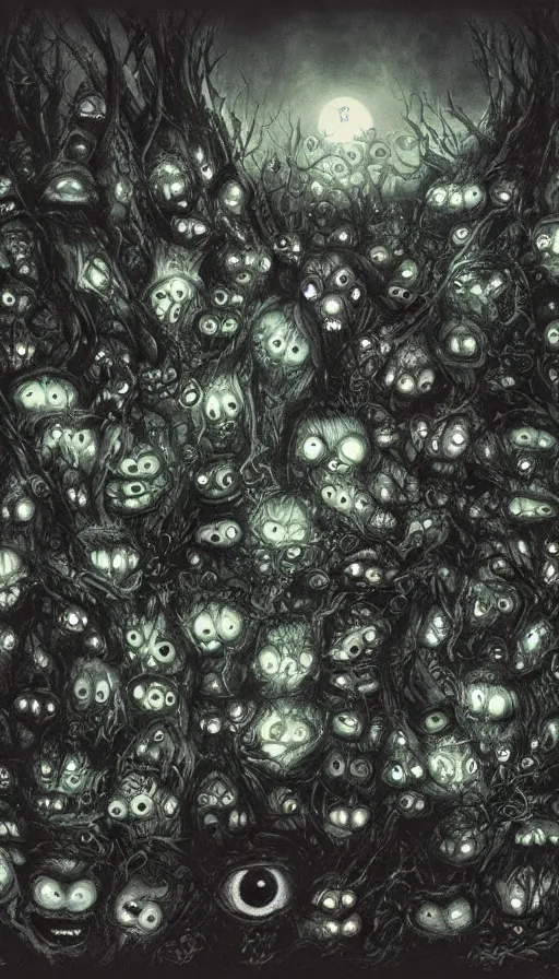 Prompt: a storm vortex made of many demonic eyes and teeth over a forest, by yoshitaka amano,