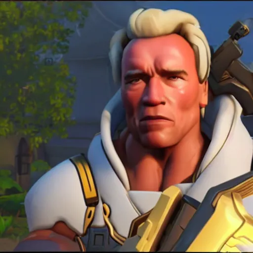 Image similar to a screenshot of arnold schwarzenegger as mercy in overwatch