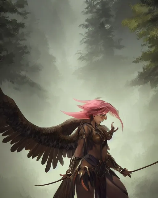 Image similar to a female anthropomorphic eagle warrior. She has two wings on her back. Forest, clearing. Atmospheric lighting, By Makoto Shinkai, Stanley Artgerm Lau, WLOP, Rossdraws, James Jean, Andrei Riabovitchev, Marc Simonetti, krenz cushart, Sakimichan, D&D trending on ArtStation, digital art.