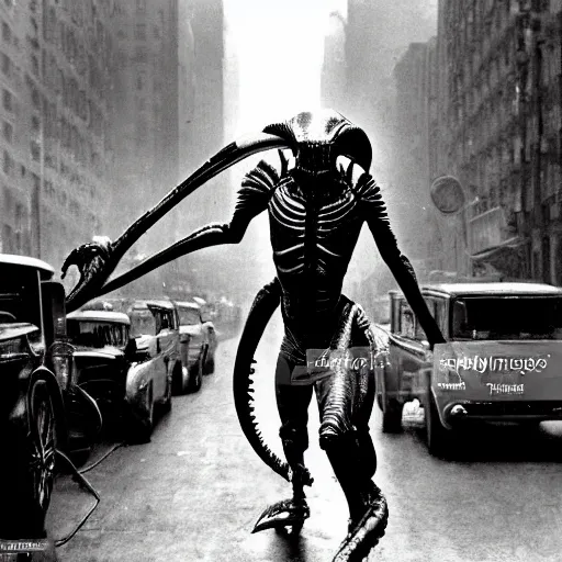 Prompt: old black and white photo, 1 9 1 3, depicting a xenomorph from the movie aliens rampaging through the bustling streets of new york city, historical record