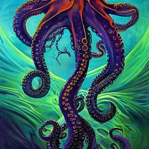 Prompt: depicting an octopus, in the style of h. p. lovecraft, exuberant organic elegant forms, by karol bak and filip hodas : : 1. 4 purple, red, blue, green, black intricate mandala explosions : : intuit art : : turbulent water backdrop : : damask wallpaper : : atmospheric