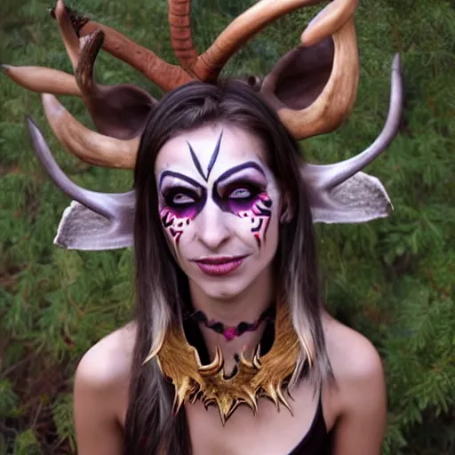 Image similar to tiefling druid with deer antlers growing out of their head and large tribal jewelry and face paint