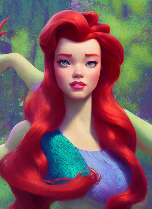 Image similar to portrait of disney princess ariel female, hyper detailed, digital art, cinematic lighting, studio quality, smooth render, unreal engine 5, octane rendered, art style by klimt and nixeu and ian sprigger and wlop and krenz cushart