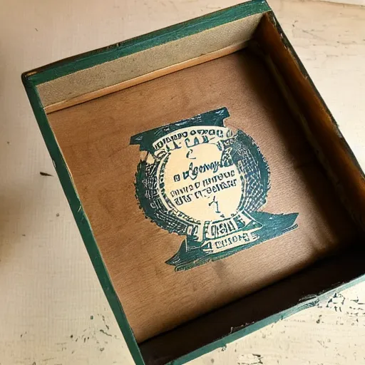 Image similar to vintage gift box for men, stamped with sealing wax, old school, wes anderson style