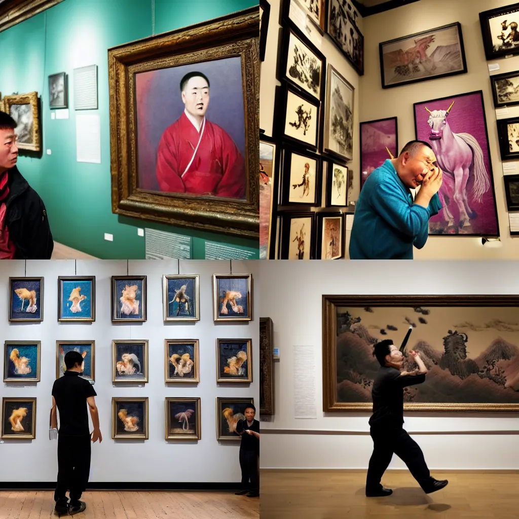 Prompt: a chinese man, farting in a museum full of portraits of unicorns, magical