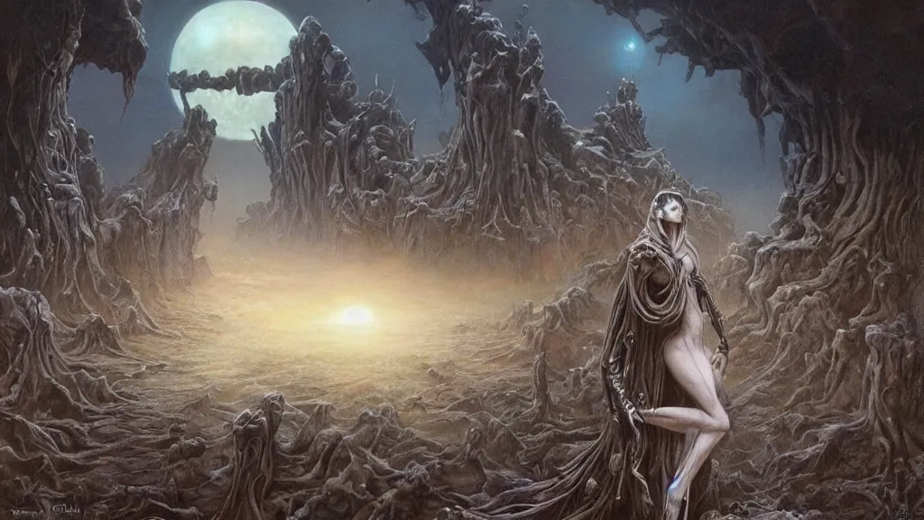 Image similar to eerie atmospheric evolving alien planet by gerald brom and glenn barr, epic cinematic matte painting