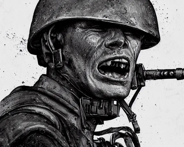 Prompt: A soldier holding a tank machine gun, face in despair, world war 1, close-up, realistic face, beautiful face detail, mature facial features, black and white, amazing digital art, hyper detailed, artstation, in the style of Tony Sart