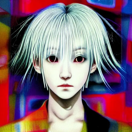 Image similar to yoshitaka amano blurred and dreamy three quarter angle portrait of a young woman with white hair and black eyes wearing dress suit with tie, playstation 2 horror game, junji ito abstract patterns in the background, satoshi kon anime, chungking express color palette, noisy film grain effect, highly detailed, renaissance oil painting, weird portrait angle, blurred lost edges