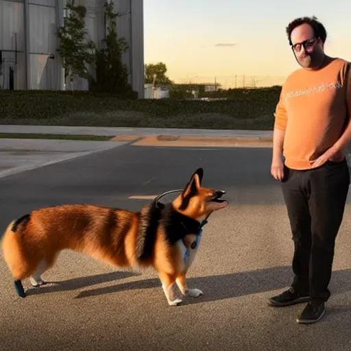 Image similar to Eric Wareheim with a corgi, hyperrealistic, RPG portrait, ambient light, dynamic lighting, golden hour