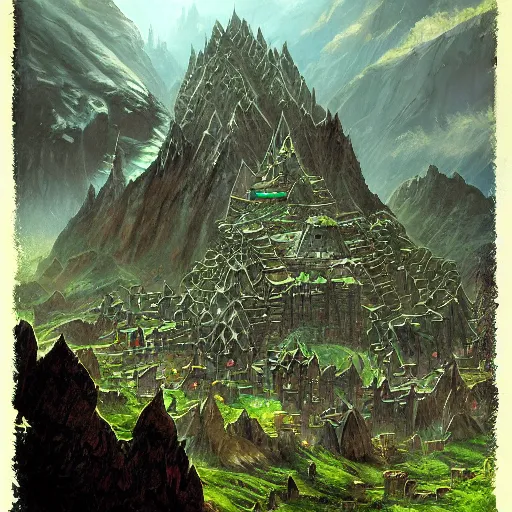 Prompt: green dwarven city carved into Erebor the Lonely Mountain from the Hobbit, by Marc Simonetti