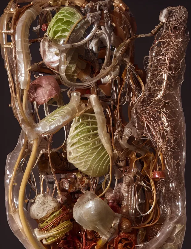 Image similar to a well - lit studio photograph of various earth - toned plastic translucent artificial hearts and organs, some wrinkled resembling reddish brown plastic cabbage, some long, various sizes, textures, and transparencies, beautiful, smooth, layered detailed, intricate art nouveau internal anatomy model, encased in clear plastic