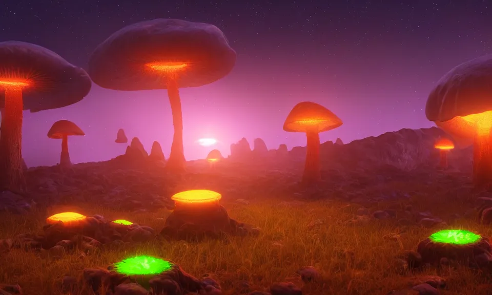 Prompt: large bioluminescent mushrooms on an alien landscape with glowing spores, atmospheric lighting, unreal engine 5, uhd wallpaper 4k