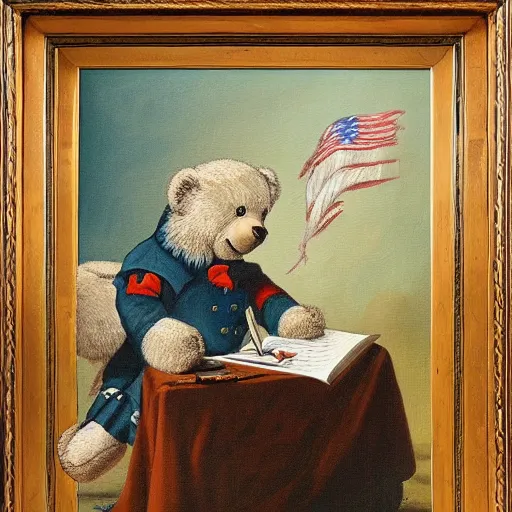 Image similar to a beautiful complex painting of a teddy bear writing a note of the declaration of the american revolution