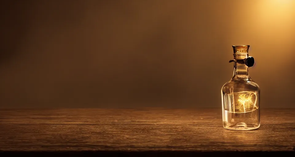 Prompt: a magical bottle on a table, atmospheric lighting, cinematic, 4 k, cinematic composition