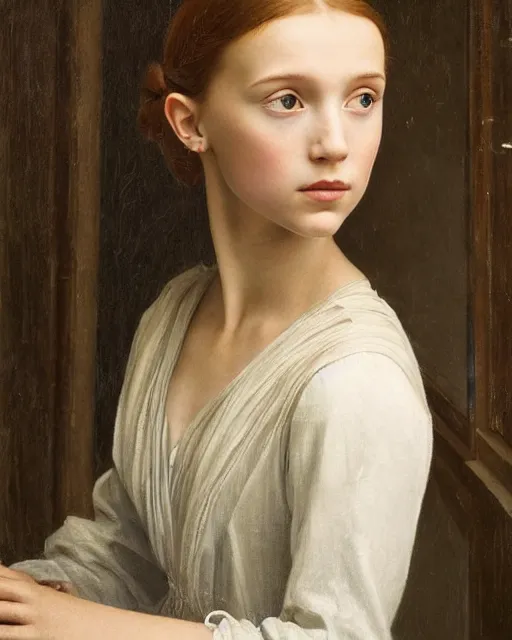 Image similar to a window - lit realistic portrait painting of a thoughtful girl resembling a young, shy, redheaded alicia vikander or millie bobby brown as an ornately dressed princess from the latest star wars movie, highly detailed, intricate, by leonardo davinci and boticelli