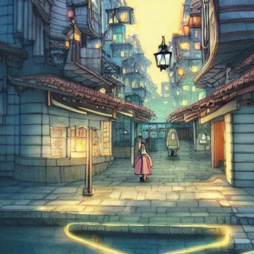 Prompt: spirited away detailed city at night, landscape, art in style of magic the gathering