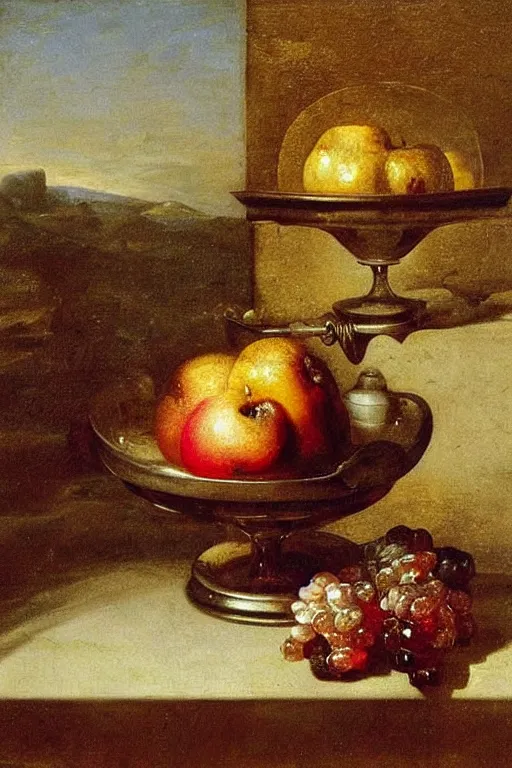 Prompt: a beautiful oil painting fruit in a glass bowl and ruby encrusted silver goblet by Bartolomé Esteban Murillo