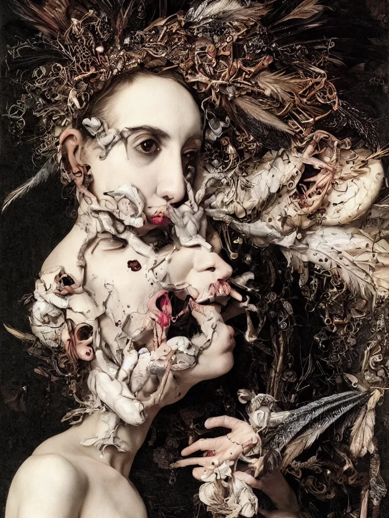 Image similar to Detailed maximalist portrait with cracked porcelain skin, dark doe eyes, a mouth like PJ Harvey, feather and milk, HD mixed media, 3D collage, highly detailed and intricate, surreal illustration in the style of Caravaggio, dark art, baroque