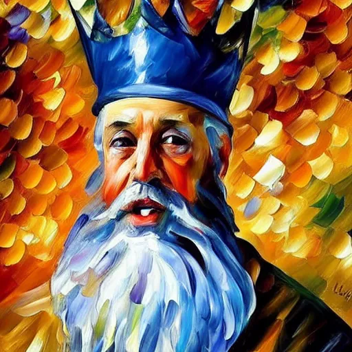 Image similar to portrait of a very very old, olive skinned king witha very long white beard and blue crown by leonid afremov