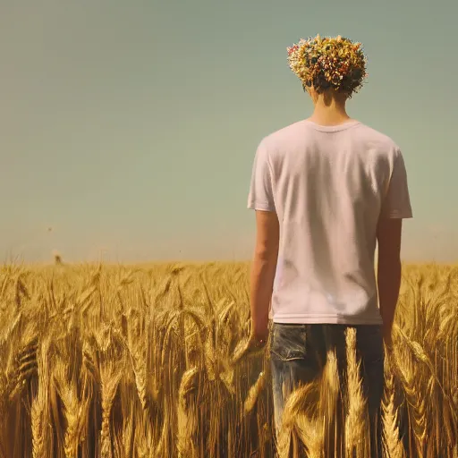 Image similar to kodak portra 4 0 0 photograph of a skinny blonde guy standing in field of wheat emitting psychic powers, back view, flower crown, moody lighting, telephoto, 9 0 s vibe, blurry background, vaporwave colors, faded!,