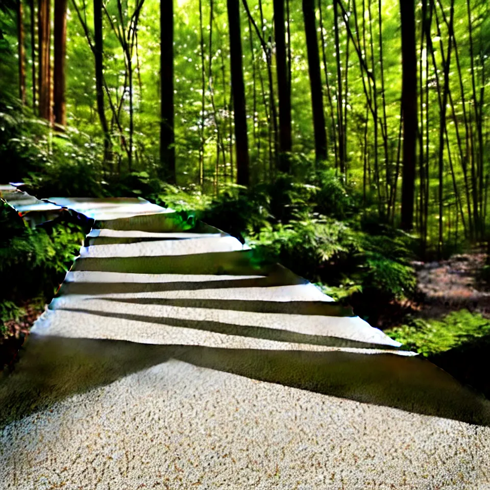 Prompt: a gravel pathway leading to a mid-century modern house in a forest, designed by Frank Gehry. Big tiles. Film grain, cinematic, yellow hue