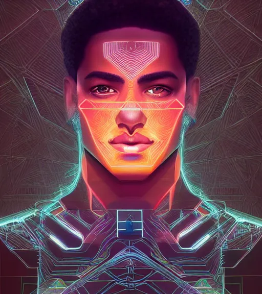 Image similar to symmetry!! egyptian prince of technology, solid cube of light, hard edges, product render retro - futuristic poster scifi, lasers and neon circuits, brown skin man egyptian prince, intricate, elegant, highly detailed, digital painting, artstation, concept art, smooth, sharp focus, illustration, dreamlike, art by artgerm