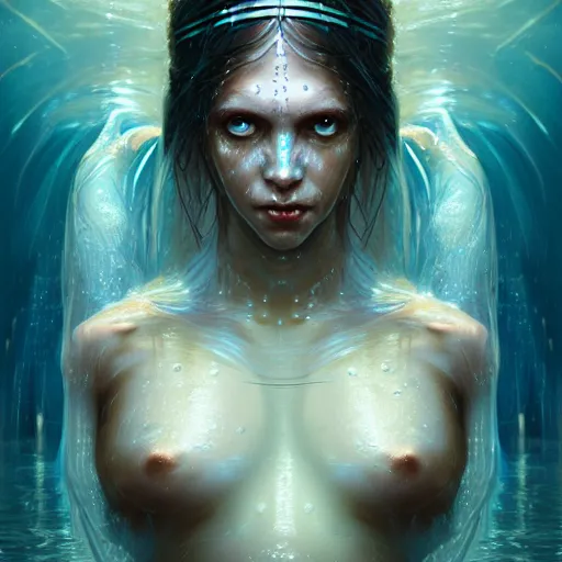 Prompt: a beautiful portrait of a water goddess with transparent skin and white eyes by Greg Rutkowski and Raymond Swanland, Trending on Artstation, water background, ultra realistic digital art