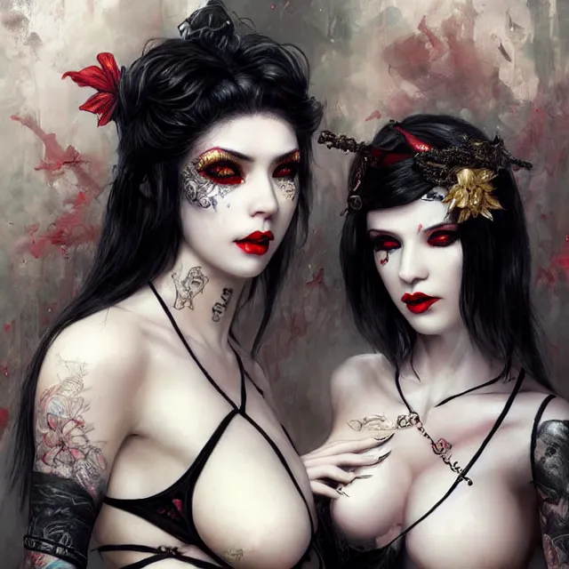 Prompt: two beautiful pale skin girls trapped chain cosplay with black hair in fully tattooed body and fishnet clothes fully on, rye slavery style, beautiful detailed face, white face makeup, big red lips, black eye makeup, masterpiece, trending, art by artgem and wlop and karol bak and gennady ulybin and stanley lau and magali villeneuve