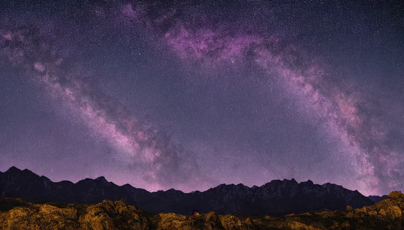 Prompt: night view of mountains and the milky way, vivid purple hues, 8k photography