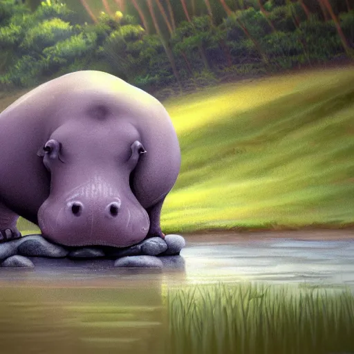 Prompt: sad hippo waking up in a beautiful river landscape, drawn by brigette barager, trending on artstation