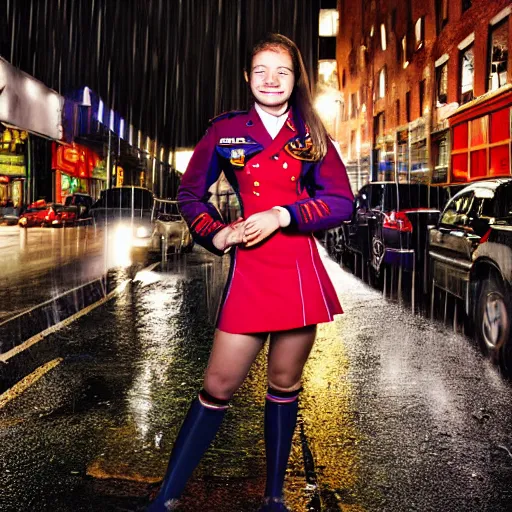 Image similar to night flash portrait photography of a high school girl in uniform on the lower east side by annie leibovitz, colorful, nighttime!, raining!