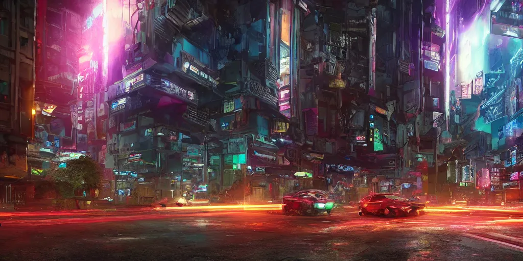 Image similar to a 3 d rendered in unreal engine guatemalan cyberpunk city with flying cars with neon ads and signs with evocative dramatic mood with blade runner vibe with motion blur with depth of field with bloom with lightshaft with volumetric lights, fog, by jeremy mann, oscar winning graphics, photo realistic, bloom, imax, dynamic lighting, artstation,