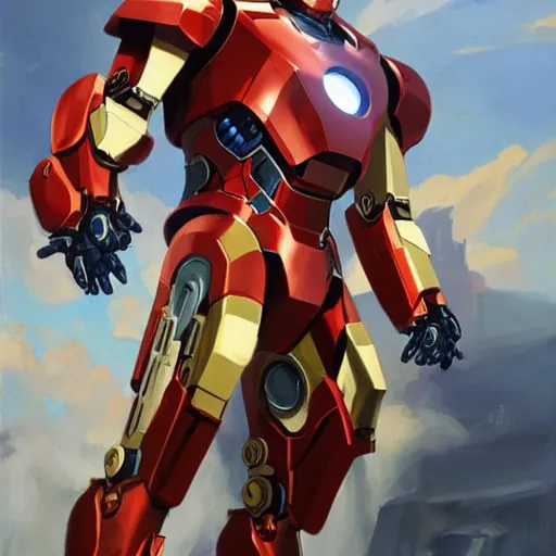 Prompt: greg manchess portrait painting of mecha tony stark ironman as overwatch character, medium shot, asymmetrical, profile picture, organic painting, sunny day, matte painting, bold shapes, hard edges, street art, trending on artstation, by huang guangjian and gil elvgren and sachin teng