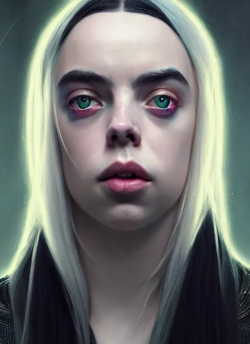 Image similar to Billie Eilish as female loki by, hyper detail, hyper realistic, octane render, gorgeous symmetrical face, elegant, intricate, studio lighting, by Greg rutkowski