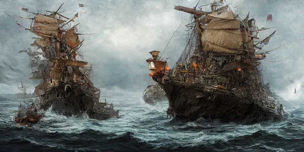 Prompt: there once was a ship that put to sea, the name of the ship was the billy of tea, the winds blew up, her bow dipped down, oh blow, my bully boys, blow by alan lee, intricate, highly detailed, digital painting, artstation, concept art, smooth, sharp focus, illustration, vfx