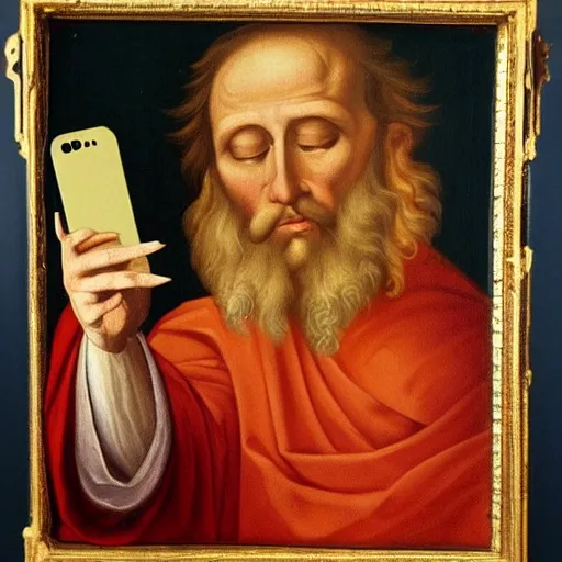 Prompt: renaissance oil painting, monk prophet holding the holy iphone mobile phone of god taking a selfie