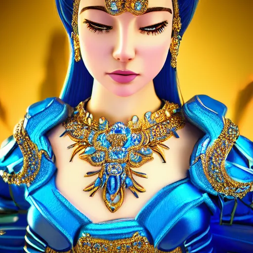 Prompt: photo of wonderful princess of sapphire with fair skin, she has her eyes closed, glowing, ornate and intricate blue jewelry, jaw dropping beauty, glowing background lighting, blue accent lighting, photorealistic, hyper detailed, award winning photography, 4 k octane render