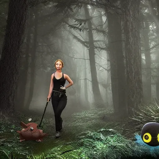 Image similar to jennifer lawrence as a pokemon trainer, in a dark forest, extremely detailed digital art, trending on artstation hyper realistic matte painting