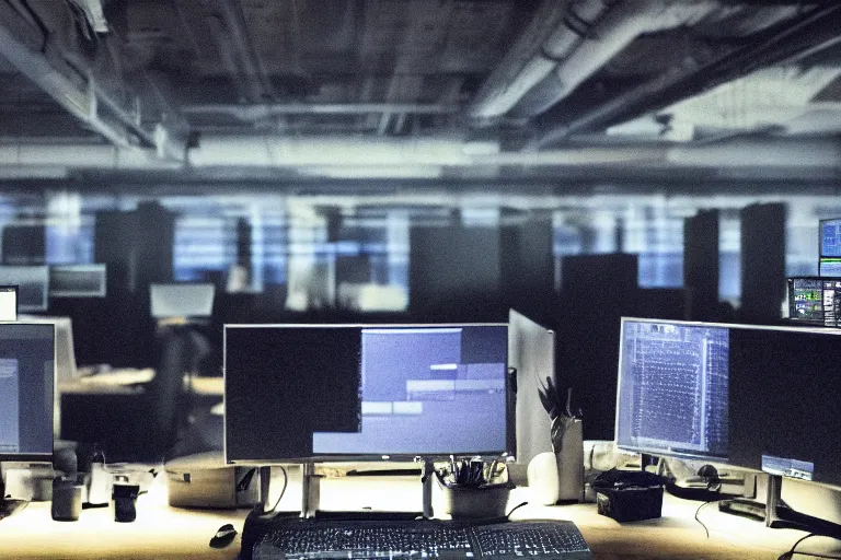 Image similar to detailed realistic photo of a group of hackers working, dimly lit room, computer screens, dramatic dim lighting, coherent composition