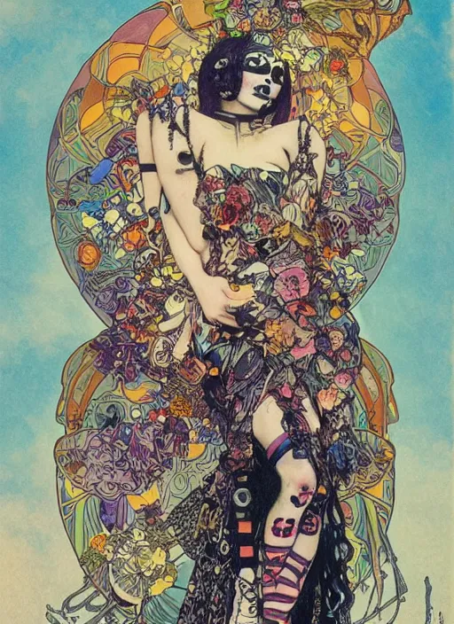 Image similar to cute punk goth fashion fractal Día de los Muertos tattooed girl posing in a astronaut suit, psychedelic poster art of by Victor Moscoso Rick Griffin Alphonse Mucha Gustav Klimt Ayami Kojima Amano Charlie Bowater, masterpiece