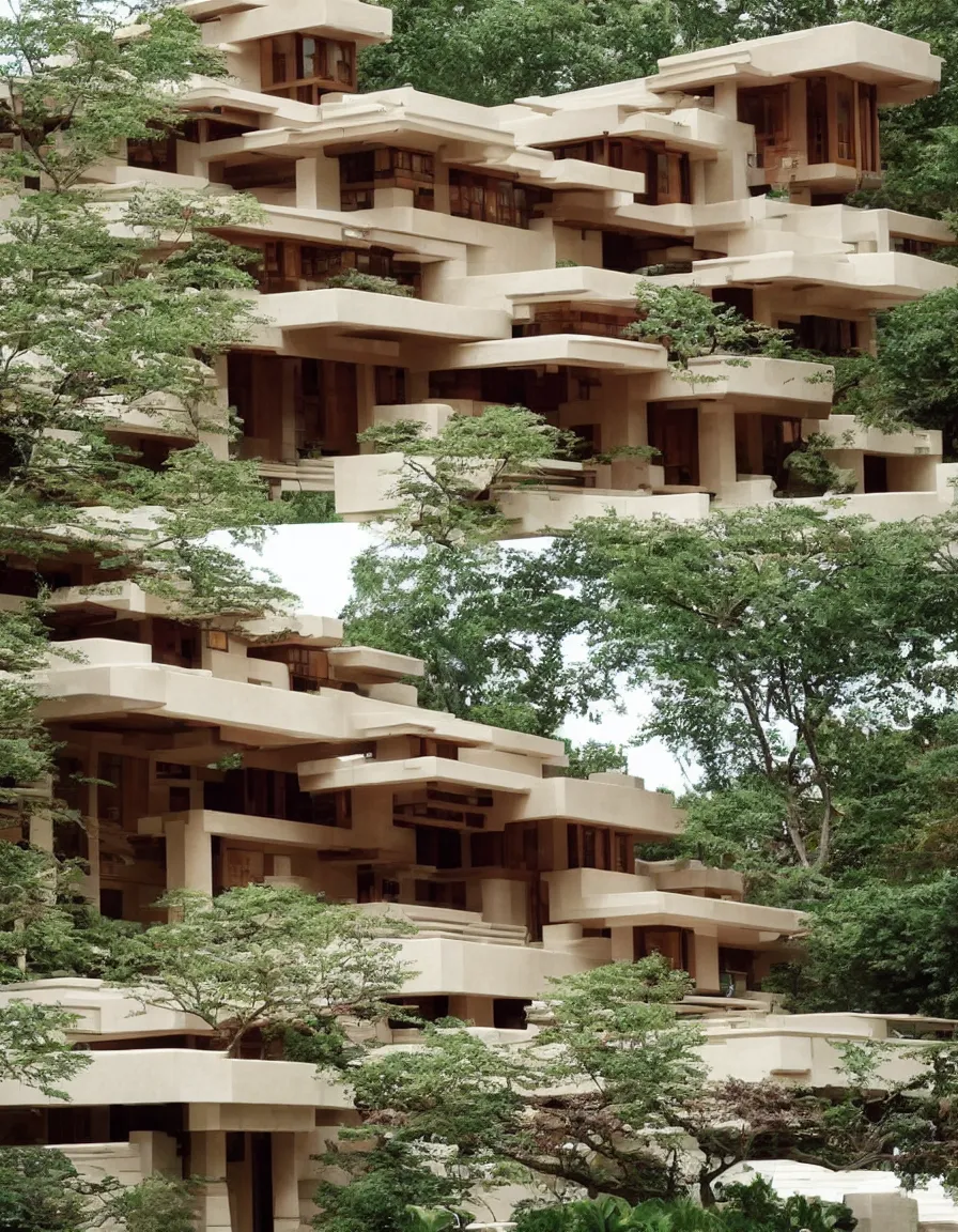 Image similar to a flowing villa with architectural design ， by frank lloyd wright ， trending ，
