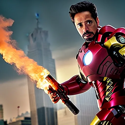 Image similar to < photo hd stunning reimagined mood = gritty gaze = camera > iron man poses with a flamethrower as a city burns in the background < / photo >