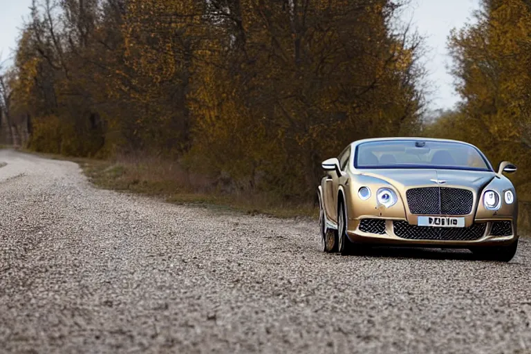 Image similar to Bentley Continental GT in shiny gold film drives along old Russian village road