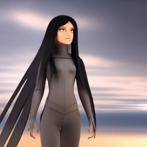 Image similar to cgi girl in casual clothes with long black hair with a dune - style force field