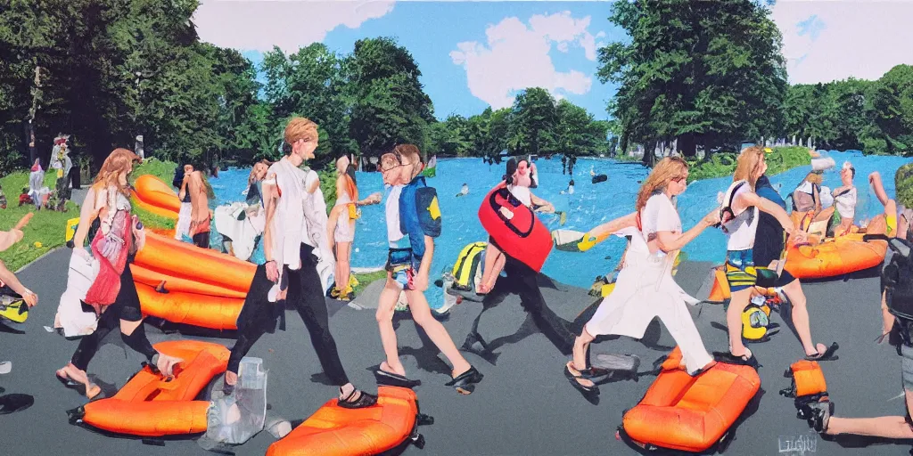 Image similar to abbey road crossing cover, life raft, festival, lake, having fun, people, friends, sunshine, ashley wood, graphic illustration, hyper real, realistic faces