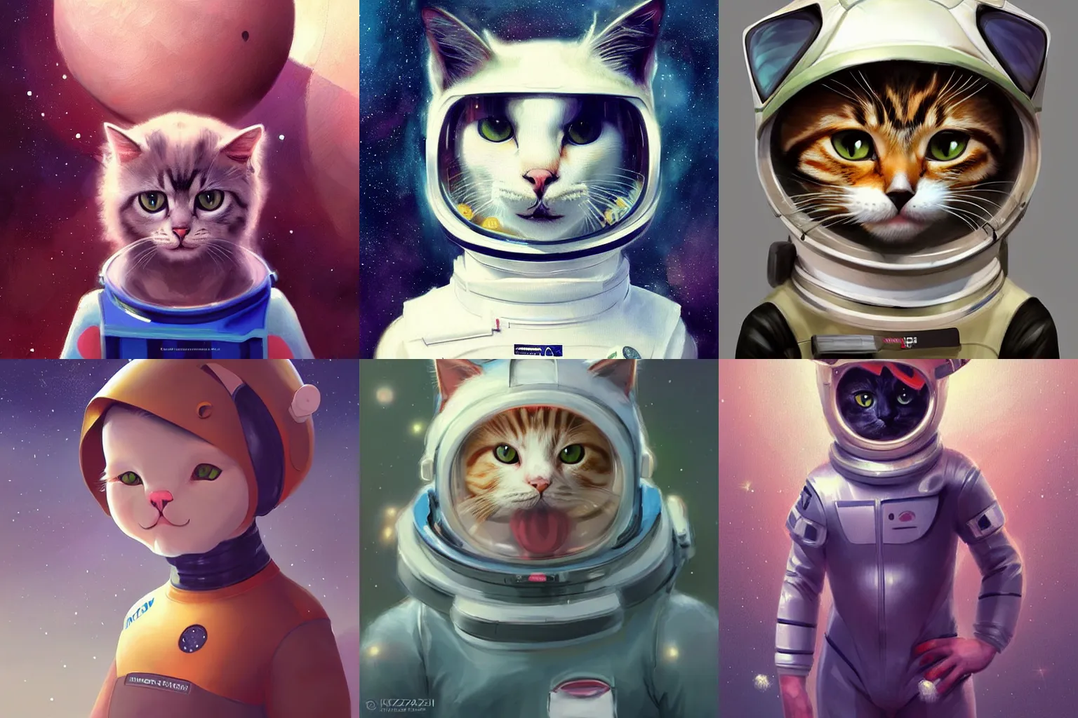 Image similar to head and shoulders masterpiece portrait of a cute adorable cat wearing a spacesuit, surreal background, digital art by Krenz Cushart, trending on artstation, cgsociety,