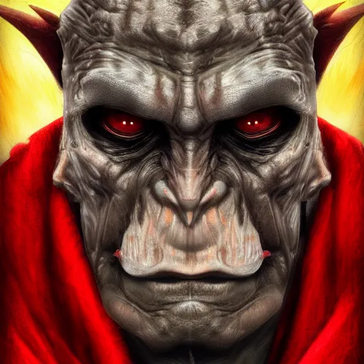 Prompt: portrait of orc with red skin wearing black robe, digital portrait, fantasy, wizard